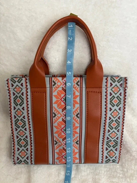 Woven Aztec Tote Bag with Brown Leather Trim - Picture 4 of 6
